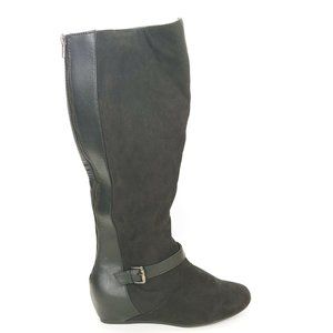 Express Womens 50/50 Knee High Boots Zip Flat Heel Buckle Ankle Strap Black 9W‎